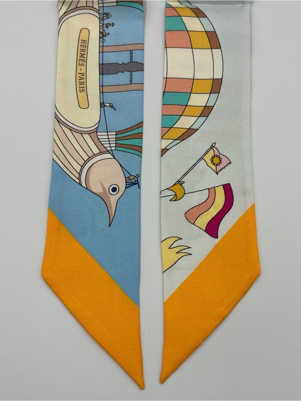 Hermes Twilly Les Folies du Ciel Silk Scarf Blue Sky Mustard Hot Air Balloon - Picture 3 of 6